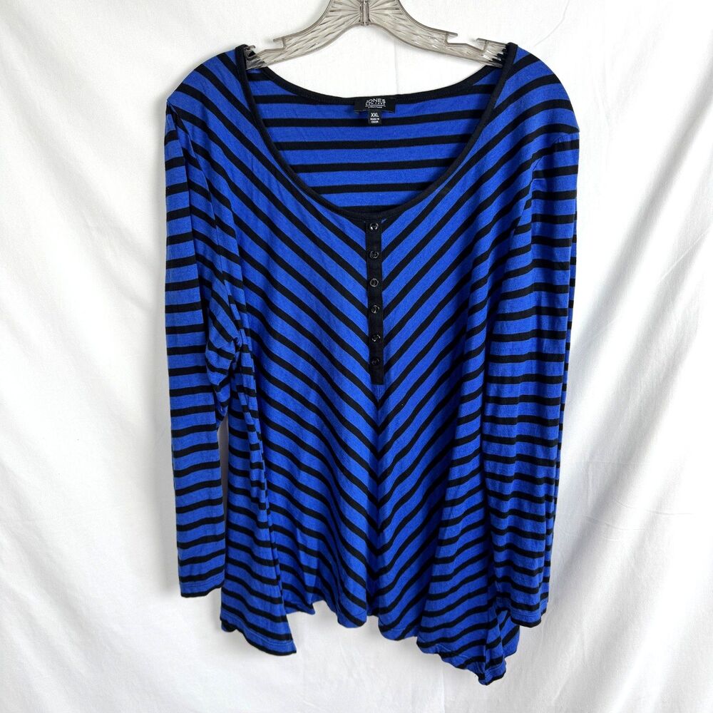 Jones New York Signature Women's Top Size XXL Blue/Black Striped V-Neck
